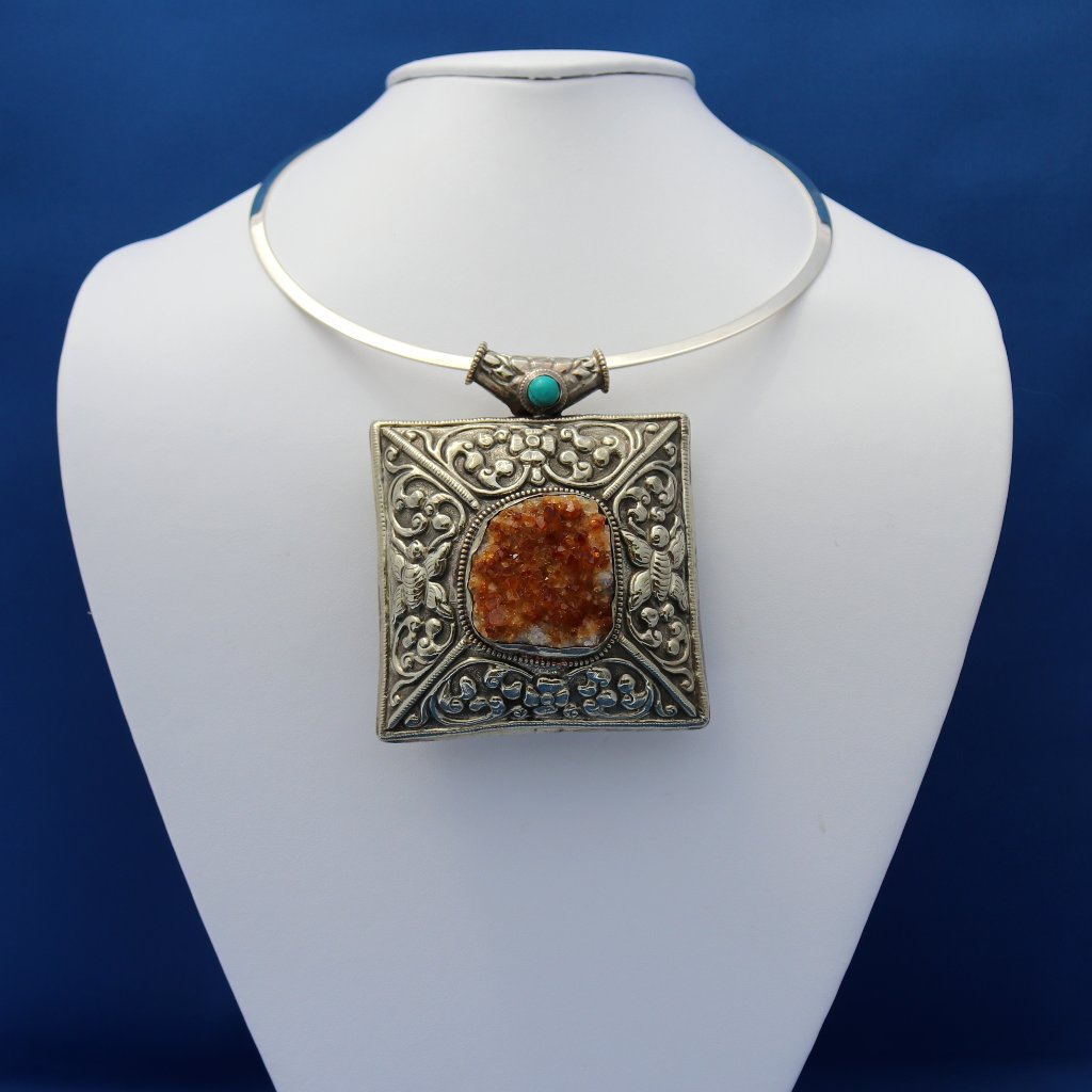 Vintage Nepalese Citrine Druzy And Turquoise Pendant Necklace